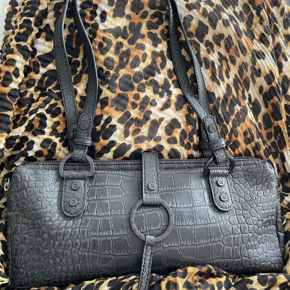Guess Black Shoulder Bag with Crocodile Texture and Metal Accent